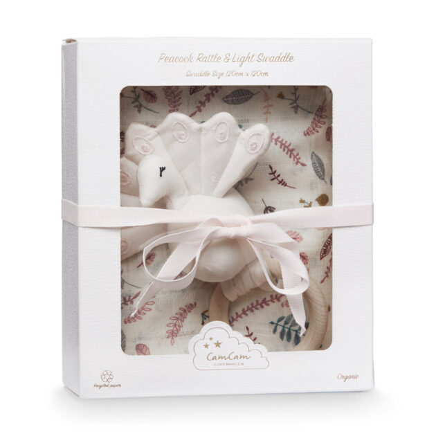 Gift Box w/ Printed Swaddle and Peacock Rattle - OCS Pressed Leaves Rose