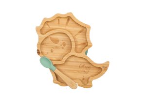 Citron Organic Bamboo Plate Suction + Spoon  Dino Pastel Green