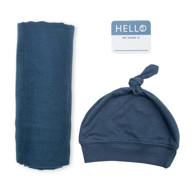 Hello World Bamboo Hat & Swaddle Blanket - Navy