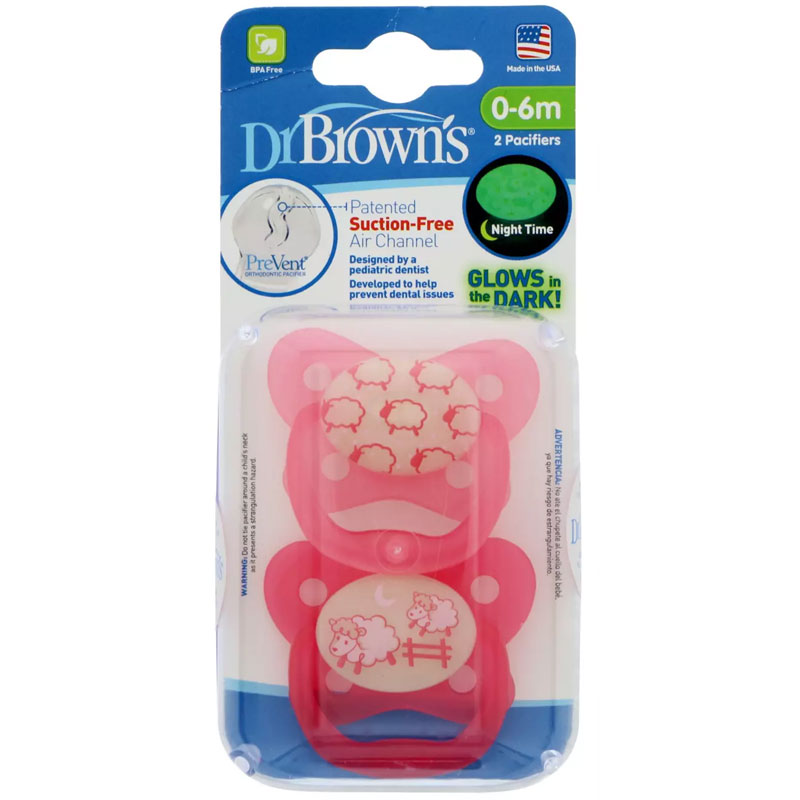 Dr Brown’s 0-6m Glow In The Dark Pacifiers Sheep Pink